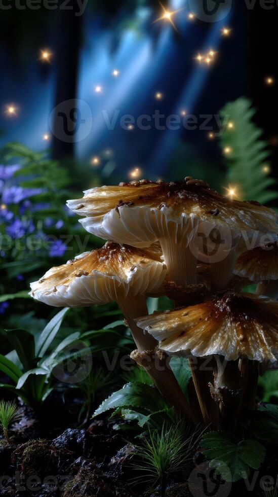 Mushrooms glow softly in a tranquil forest under moonlight during a serene evening photo