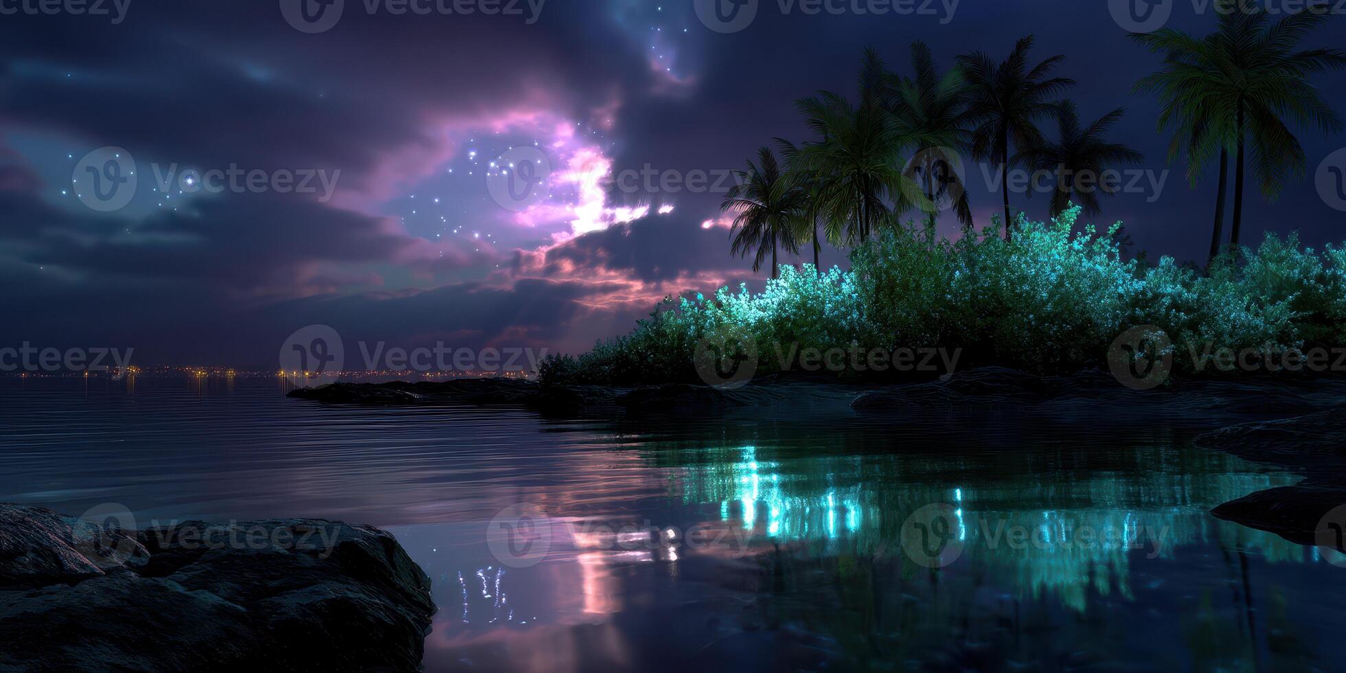 Serene nighttime beach view with sparkling water and lush palm trees under a starry sky photo