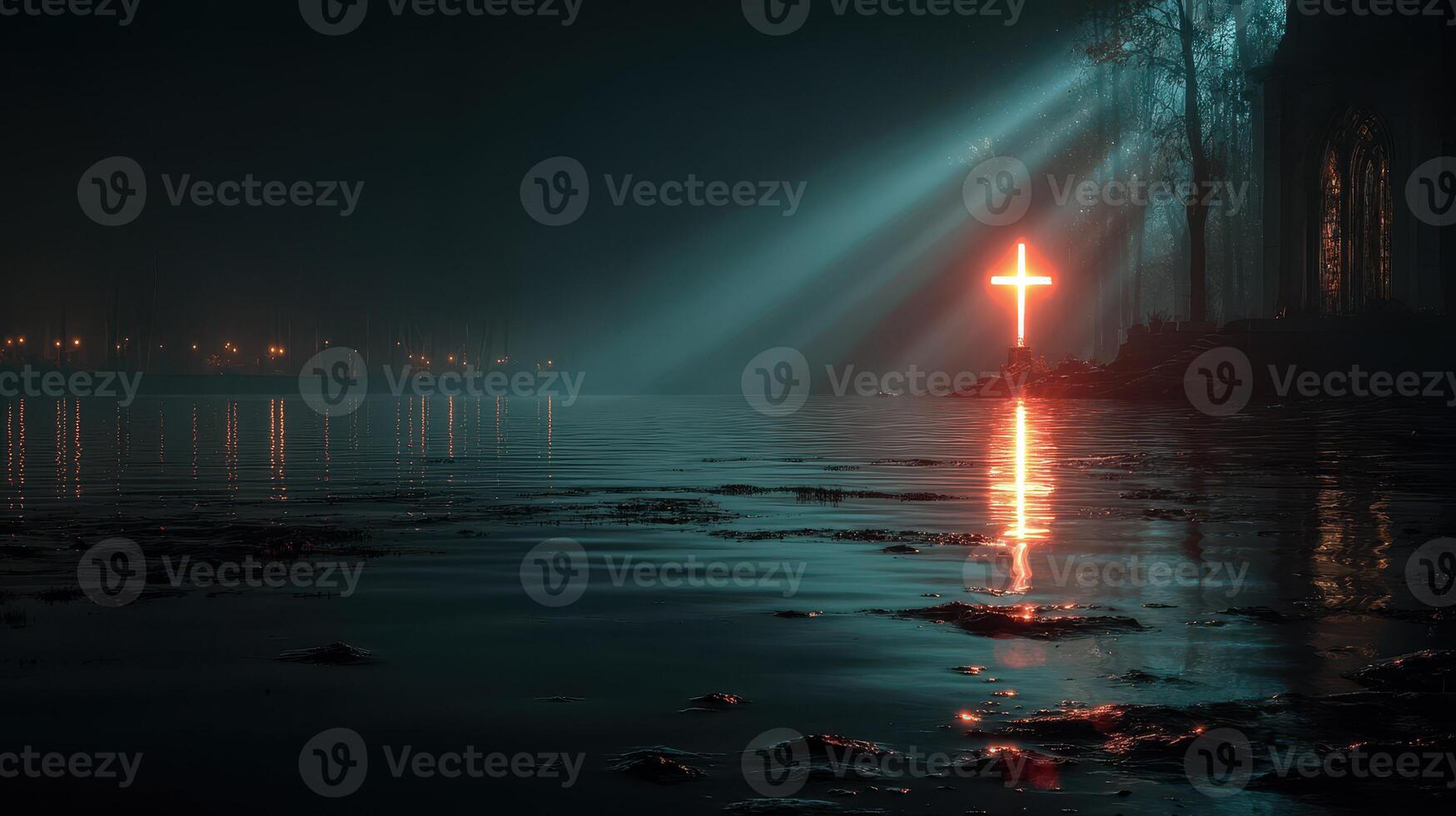 Reflections of light on a misty lake with a glowing cross during twilight hours photo