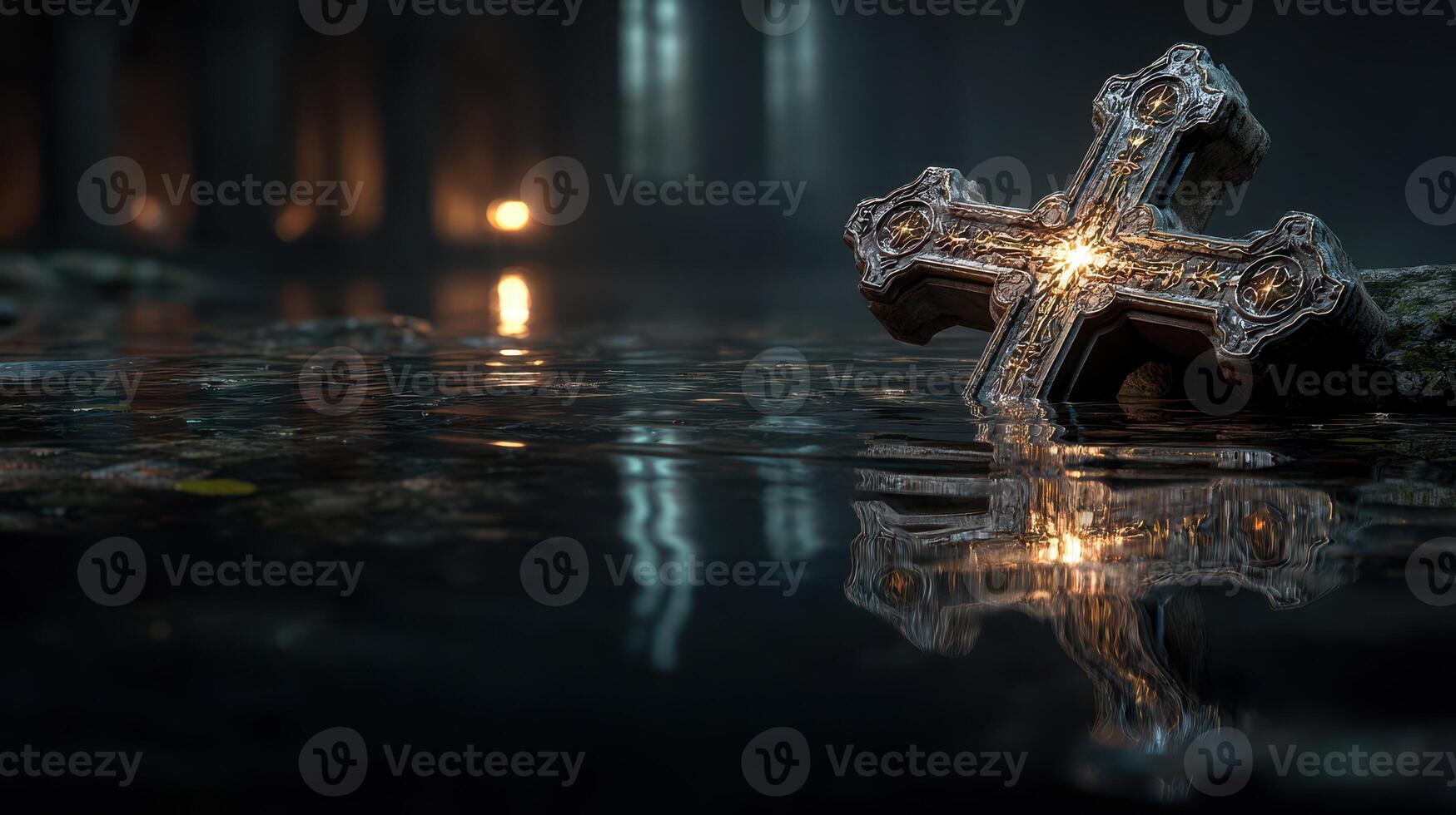Ancient cross illuminated in a dark, flooded chapel during twilight hours photo