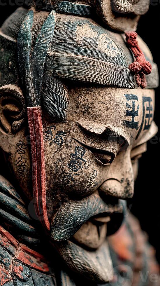 Detailed depiction of a historical warrior sculpture with intricate designs and facial expressions captured in a close-up view photo