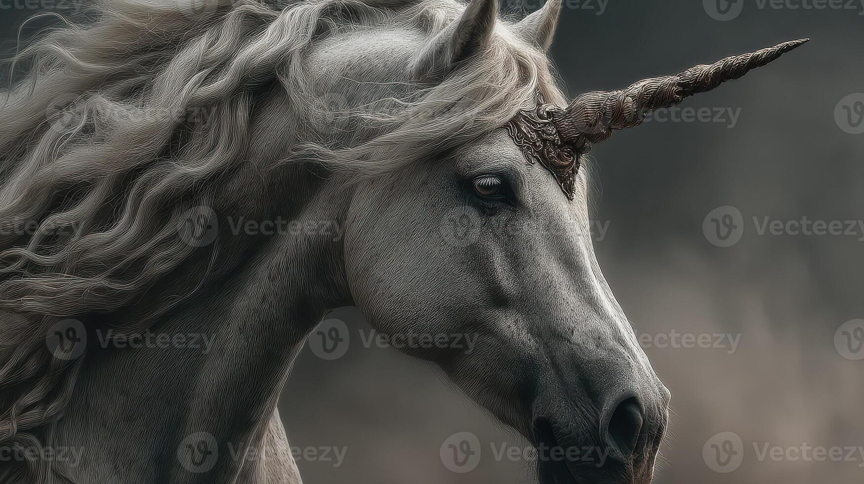 Majestic unicorn with flowing mane stands proudly in a misty forest at dawn photo