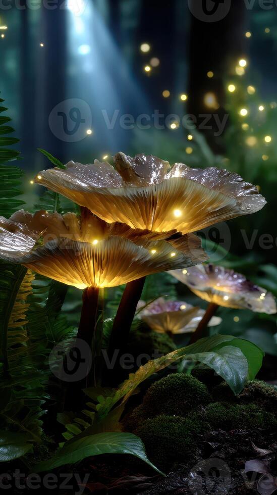 Mushrooms illuminated by soft light in a lush forest with glowing particles dancing around in the twilight photo