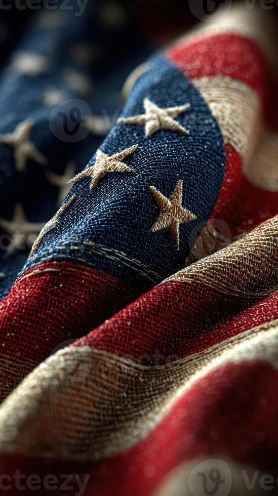 American flag in close-up revealing textured fabric and vibrant colors during daylight photo