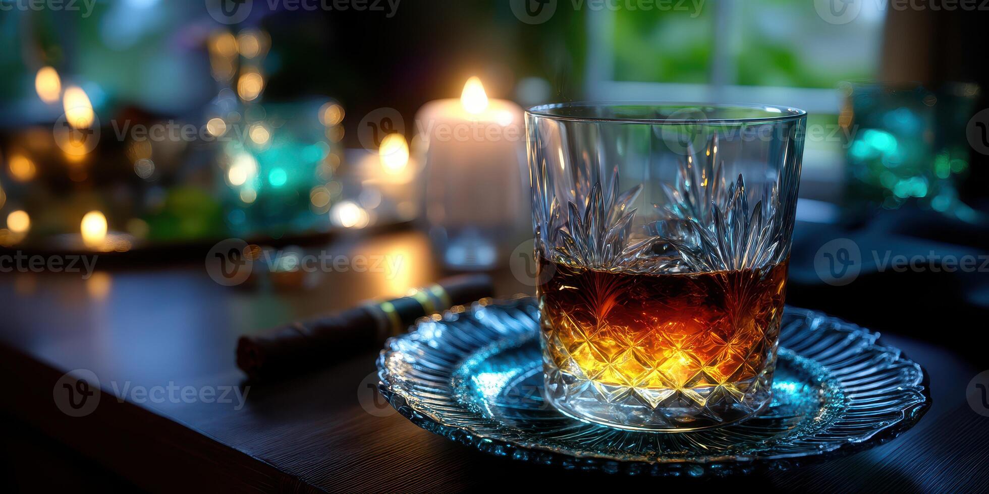 Elegant glass of whiskey sits on a plate surrounded by candles and soft lighting in a cozy setting photo