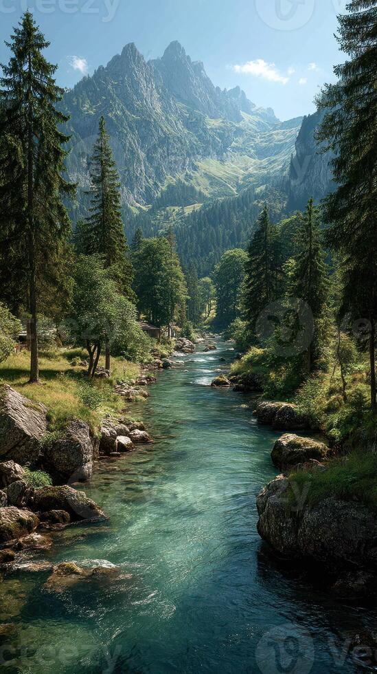 Serene mountain river landscape with lush greenery and majestic peaks on a sunny day photo