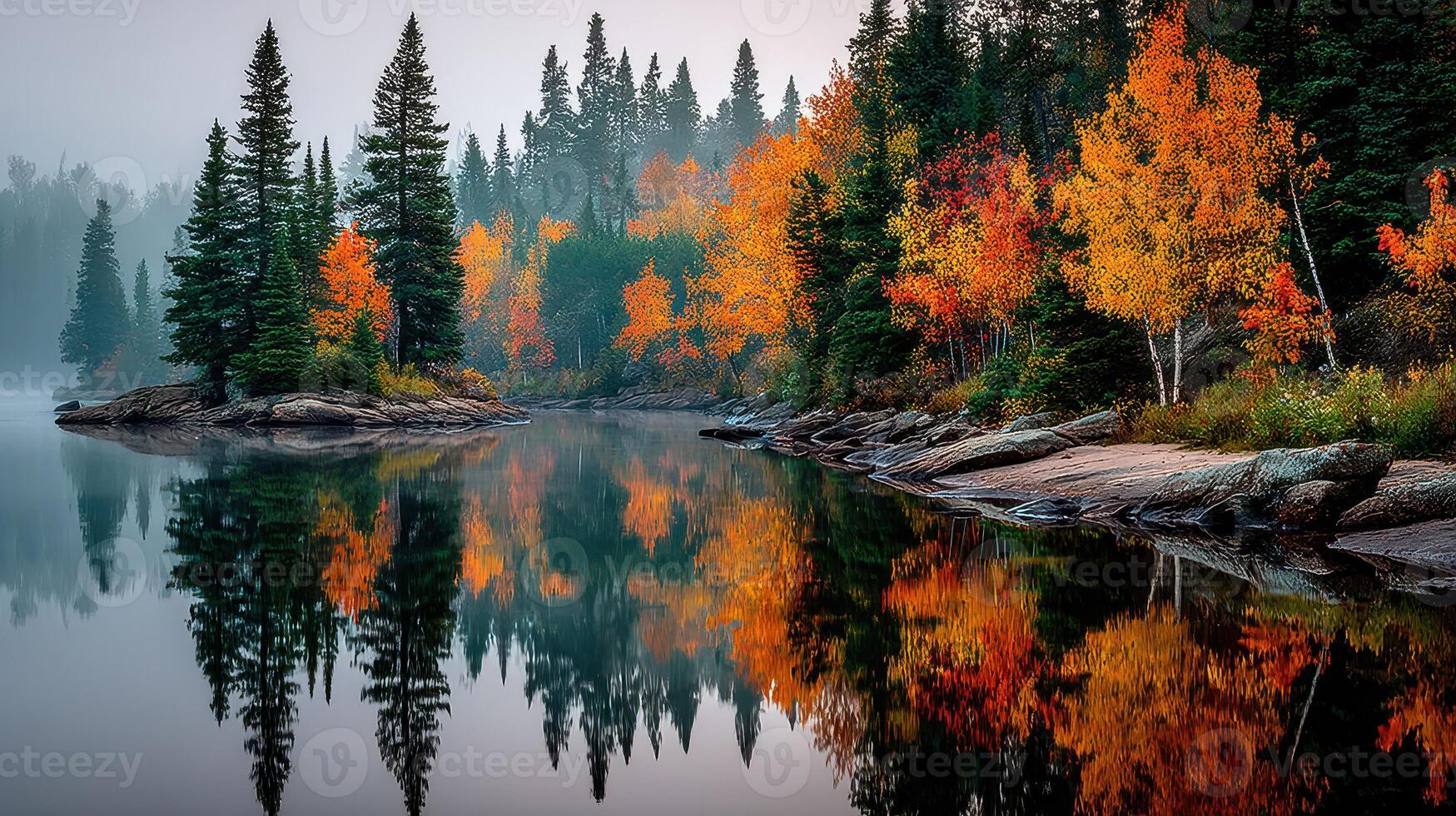 Stunning autumn landscape with colorful trees reflecting on calm water at dawn in a serene forest photo