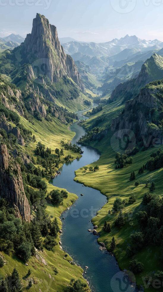 Majestic mountain landscape with winding river and vibrant green valleys during daylight photo