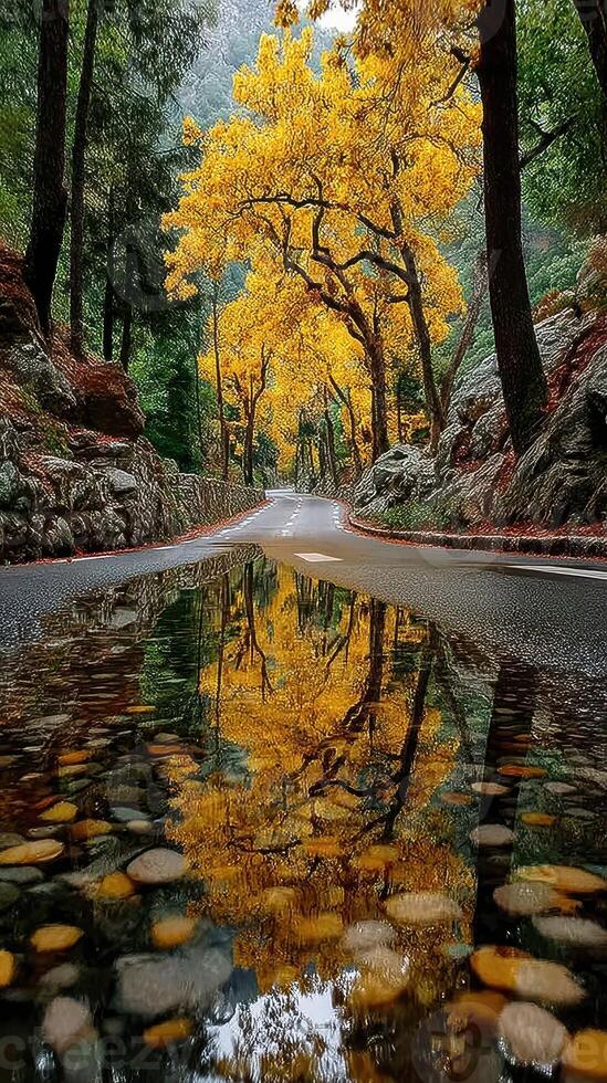 Vibrant autumn scenery with golden trees reflecting on a tranquil road after rain in a woodland setting photo