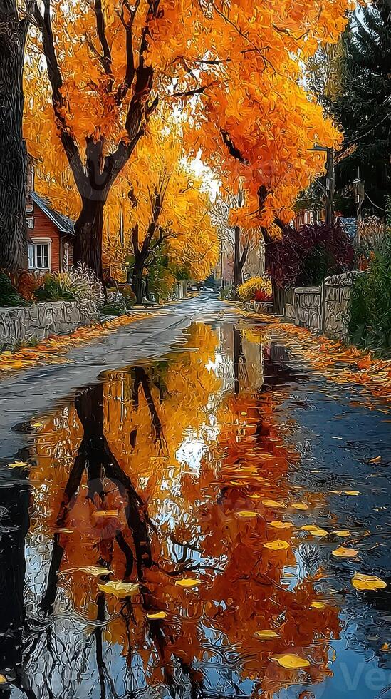Vibrant fall colors reflected on a calm street after rain photo
