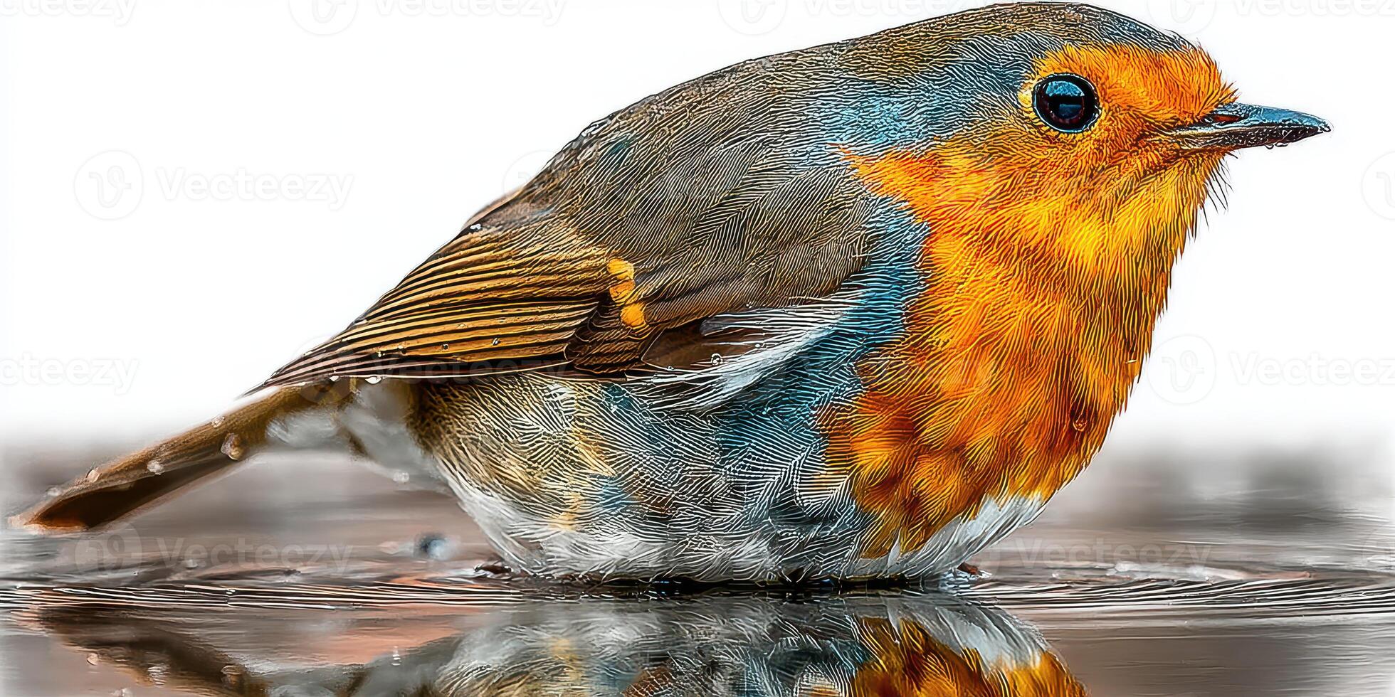 Colorful bird perched on a reflective surface in a serene natural setting during a sunny day photo