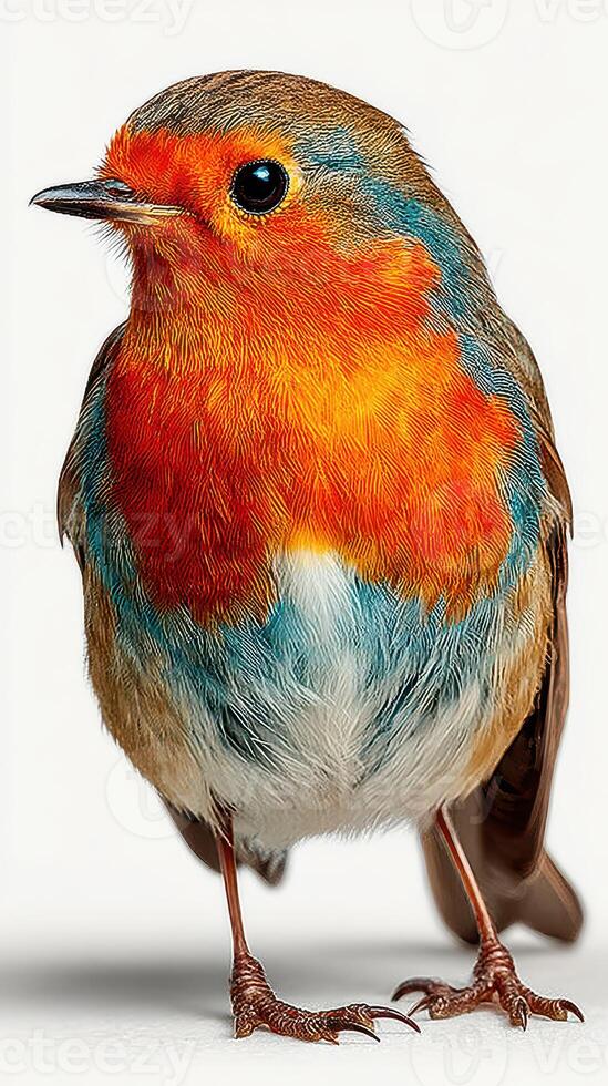 Vibrant robin stands gracefully, showcasing its colorful feathers in a bright setting, capturing a moment of nature's beauty photo