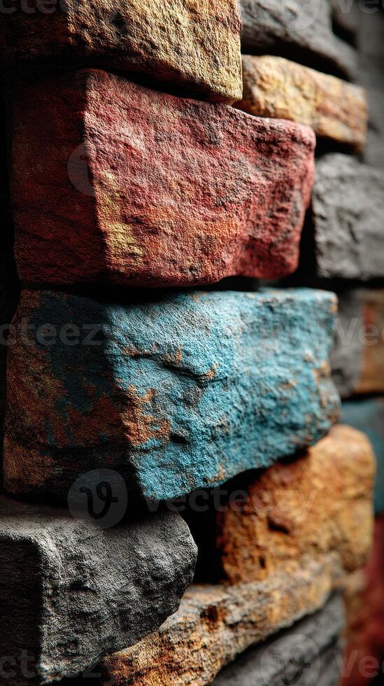 Textured stones arranged closely showcase vibrant colors and intricate patterns in a decorative wall design photo