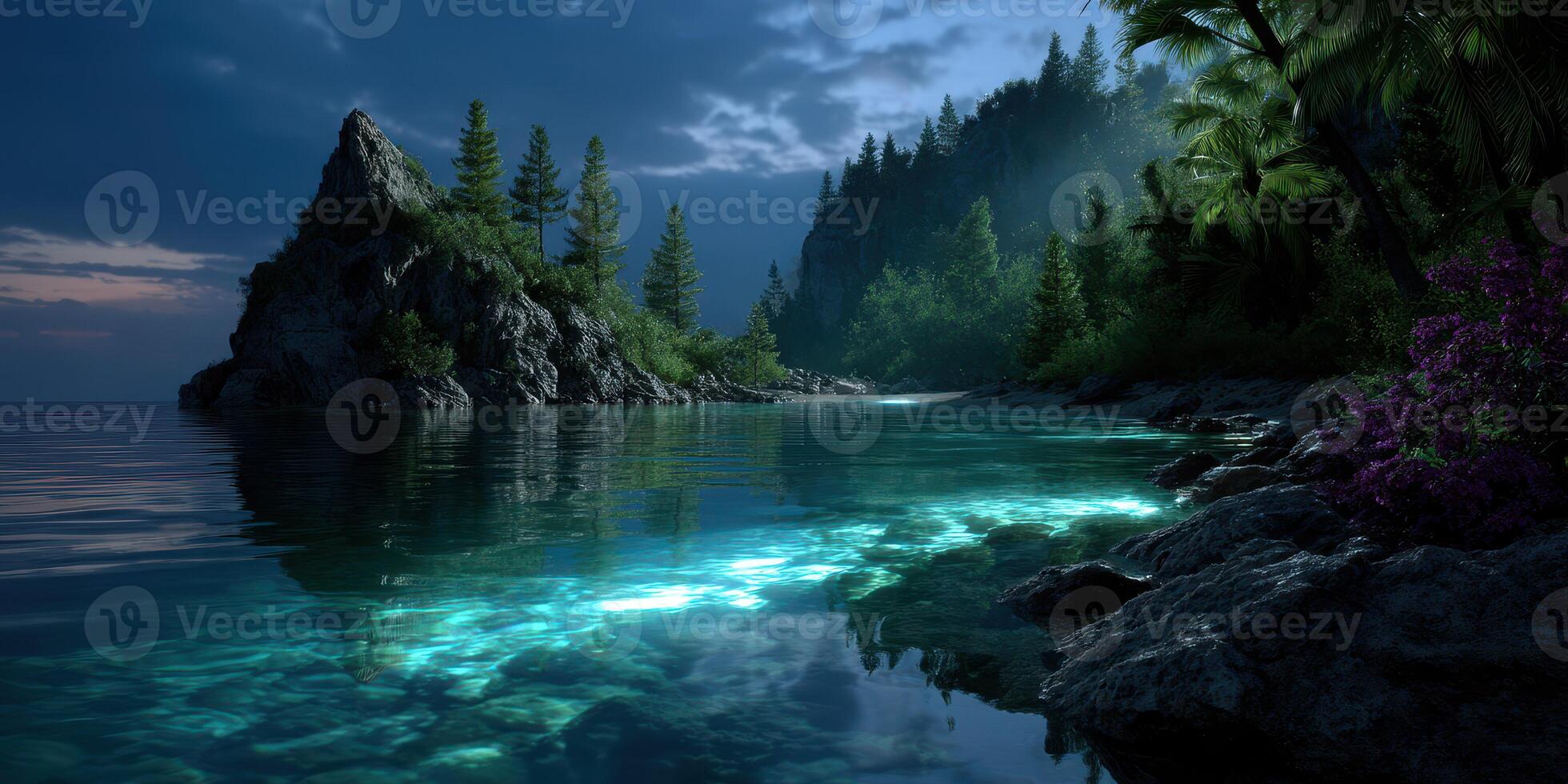 Serene night view of a tranquil coastline with glowing waters and lush greenery photo