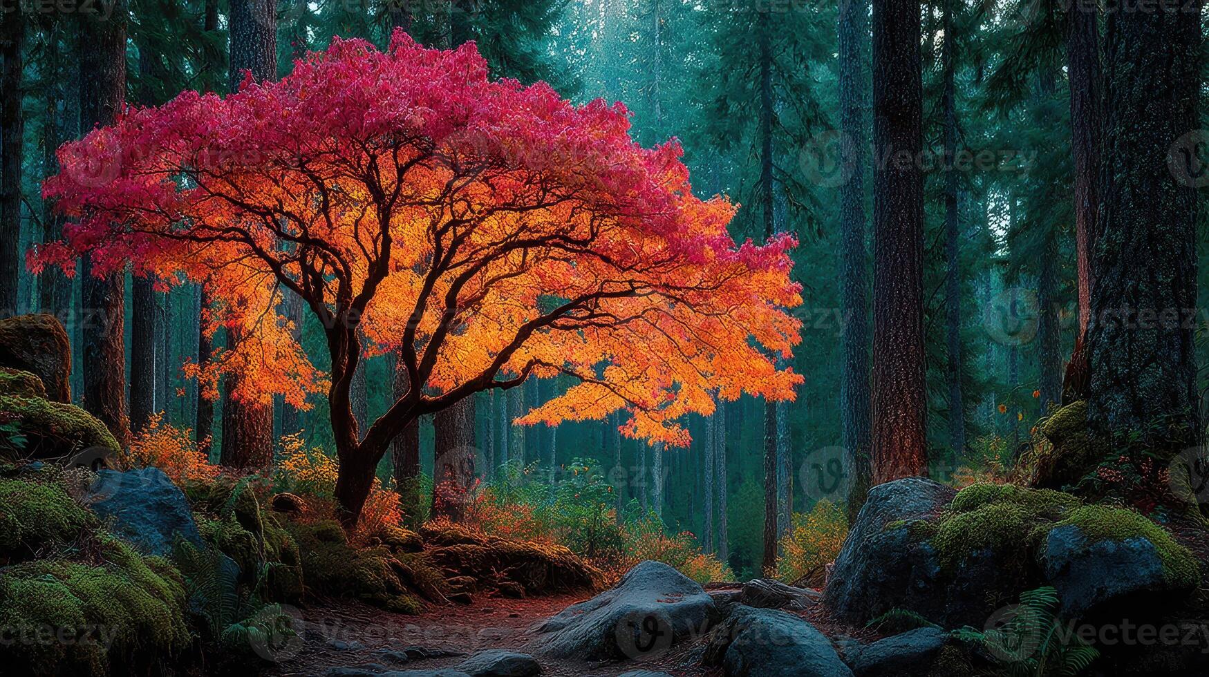 Vibrant autumn foliage illuminates a serene forest landscape with a colorful tree against towering firs photo
