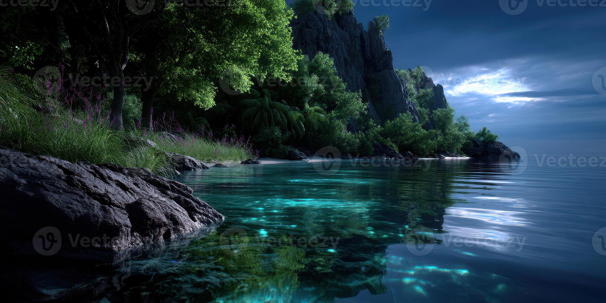 Serene moonlit waters reflect cliffs and lush greenery along a tranquil shoreline at night photo