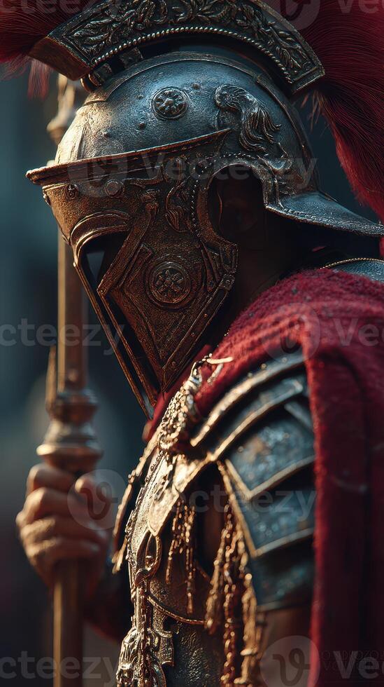Intricate Roman soldier in ornate armor holding a spear in a dramatic setting with antique details photo