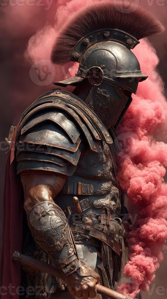 Warrior in ancient armor standing amidst pink smoke during a dramatic reenactment event in a historical setting photo