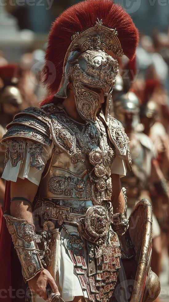 Ancient warrior in ornate armor standing proud during a historical reenactment event on a sunny day photo