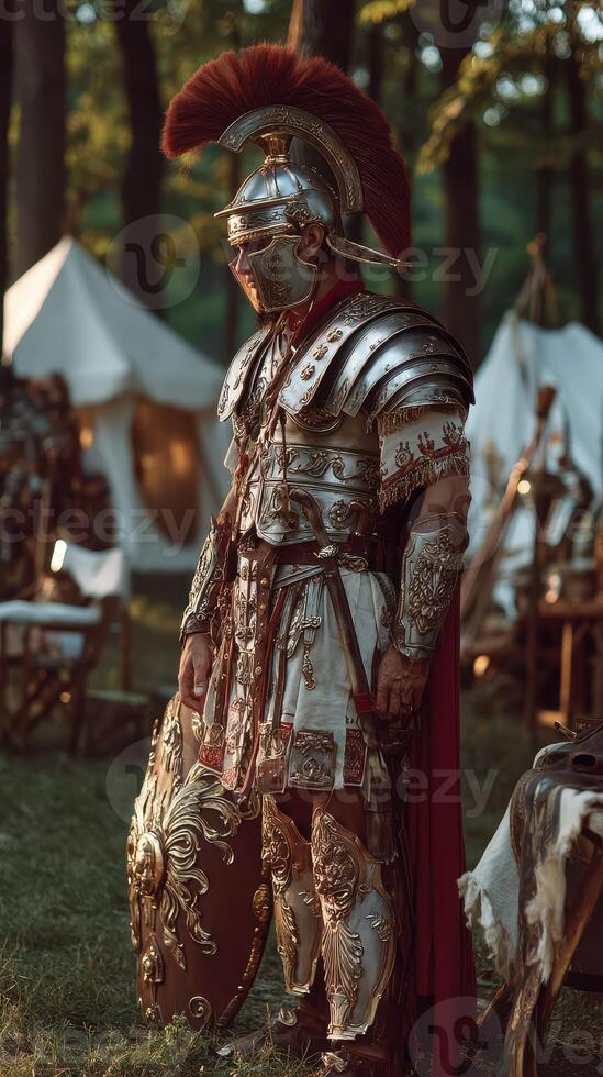 Roman soldier in detailed armor stands ready at a reenactment camp in the forest during late afternoon light photo