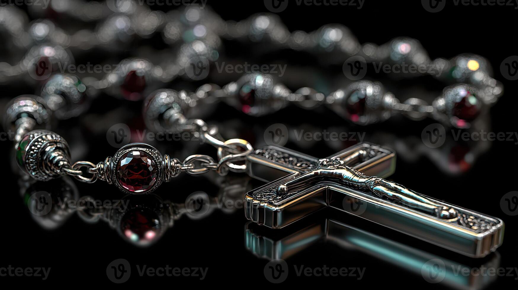Intricate silver rosary with red beads and crucifix against a reflective black surface photo