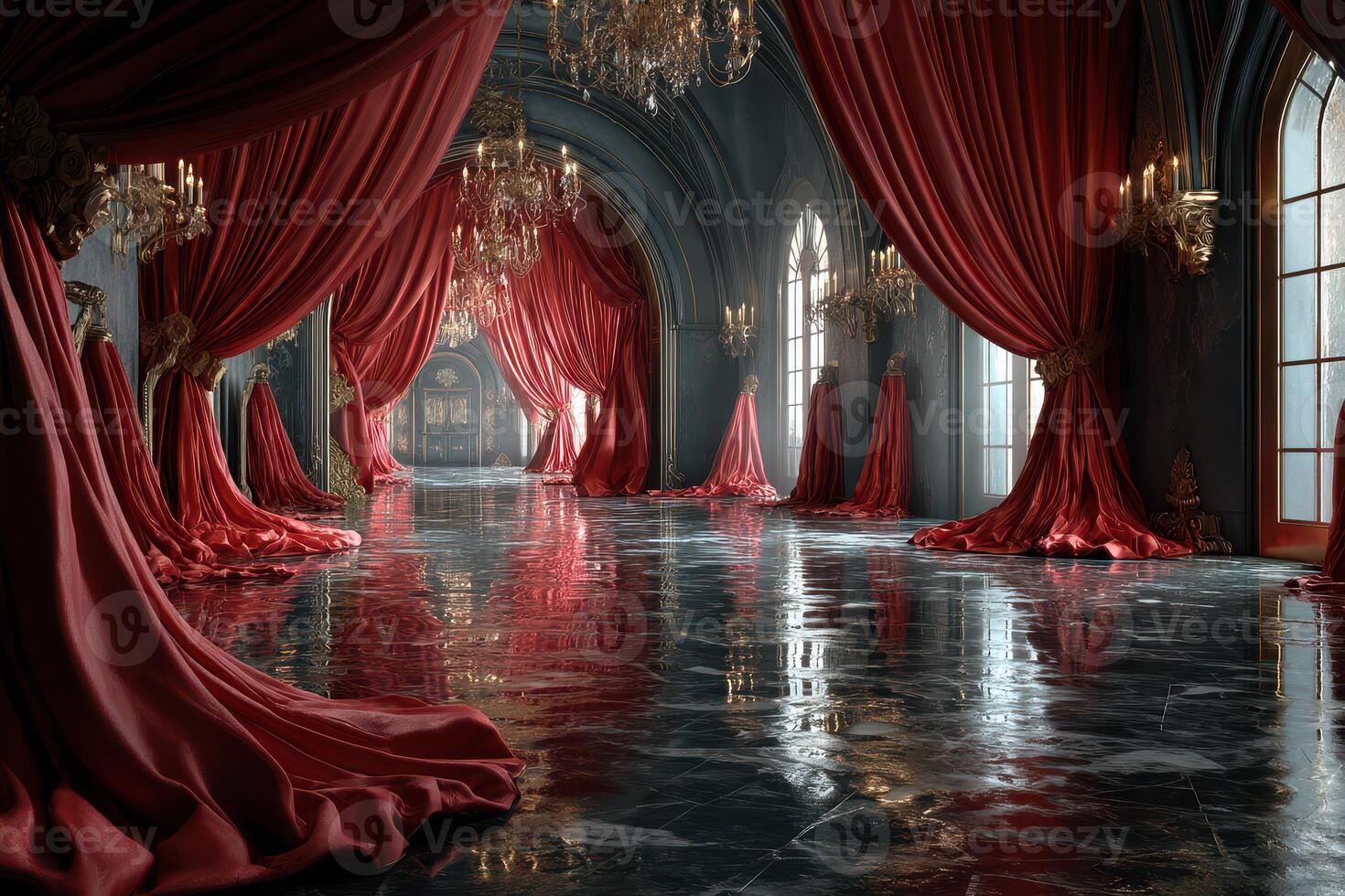 Elegant interior with flowing red drapes and polished marble floor in a grand hall at twilight photo