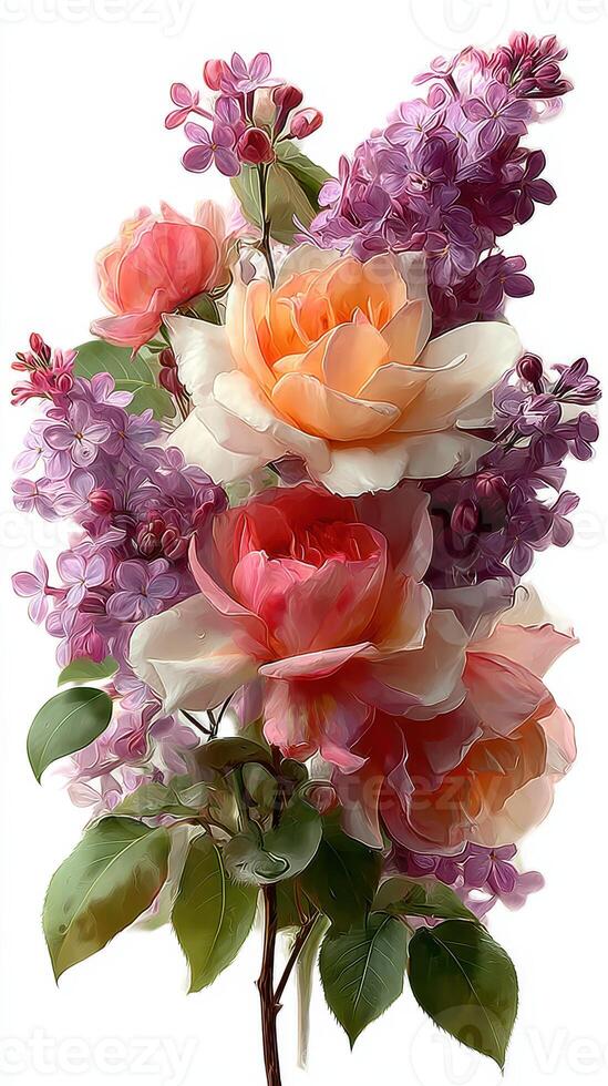 Beautiful bouquet of colorful roses and lilacs arranged artistically in a bright setting during springtime photo