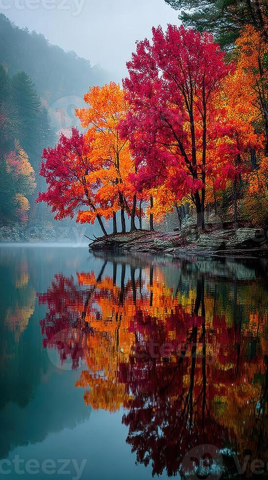 Vibrant autumn colors reflect on calm lake at dawn in a serene forest setting photo