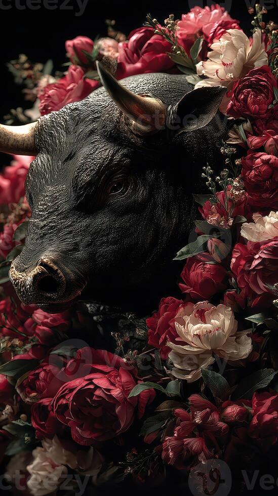A bull's head adorned with vibrant roses and peonies creates a striking, artistic display in a dark setting photo