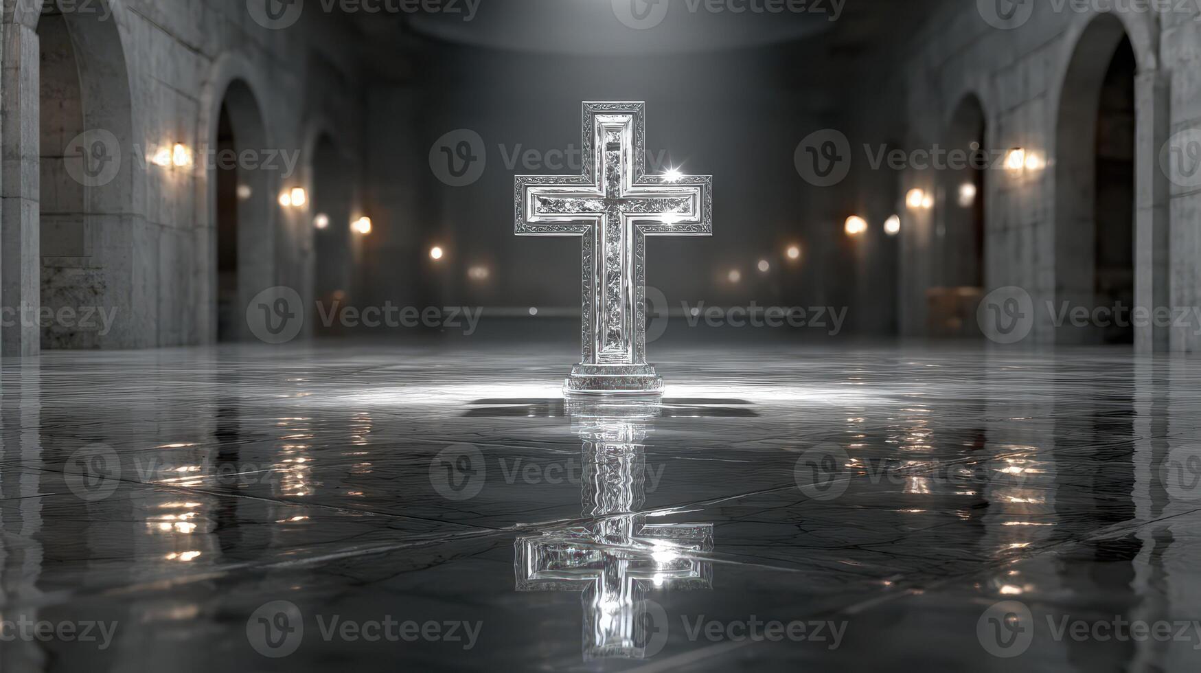 Crystal cross reflected on marble floor in a dimly lit church interior with archways and soft lighting photo
