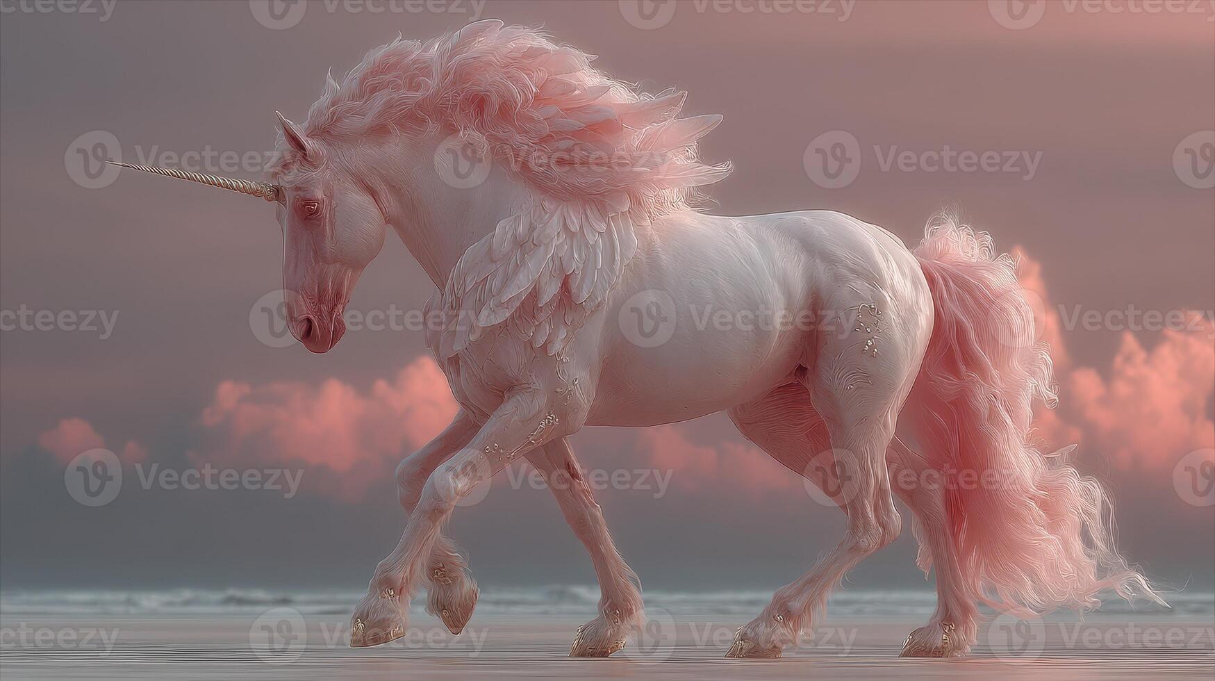 Majestic unicorn gracefully walks along the shoreline during sunset with pastel clouds in the background photo