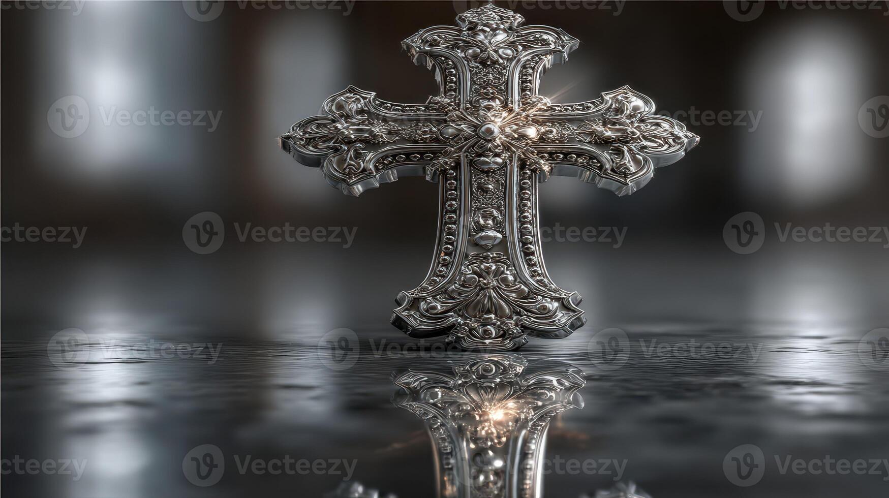 Elaborate silver cross reflecting over a polished surface in a serene environment with soft lighting photo
