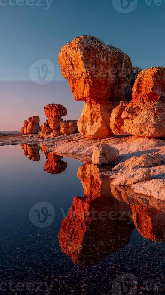 Stunning rock formations reflect in tranquil water at sunset in a serene location photo