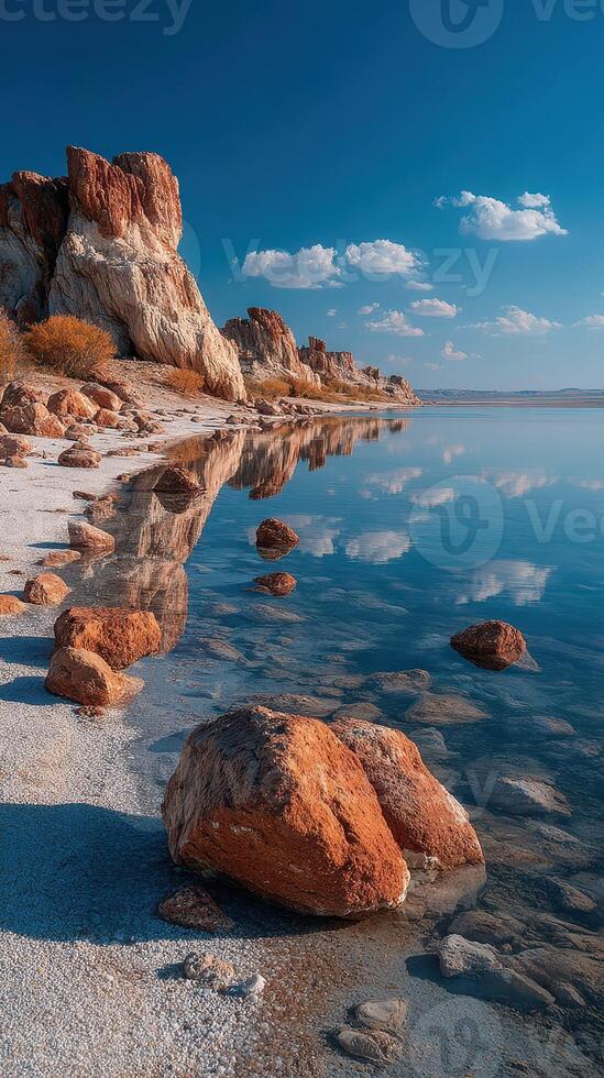 Tranquil shoreline with rocky formations and calm water reflecting clouds during sunset in a remote location photo