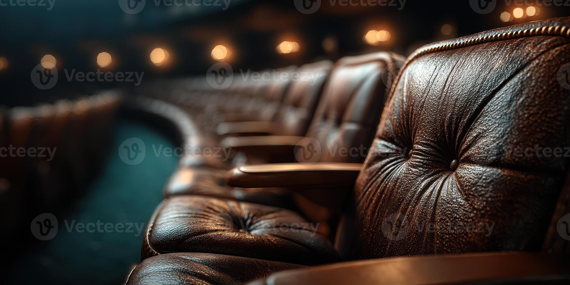 Leather theater seats arranged in a semi-circle capturing the ambiance of a performance venue during evening hours photo