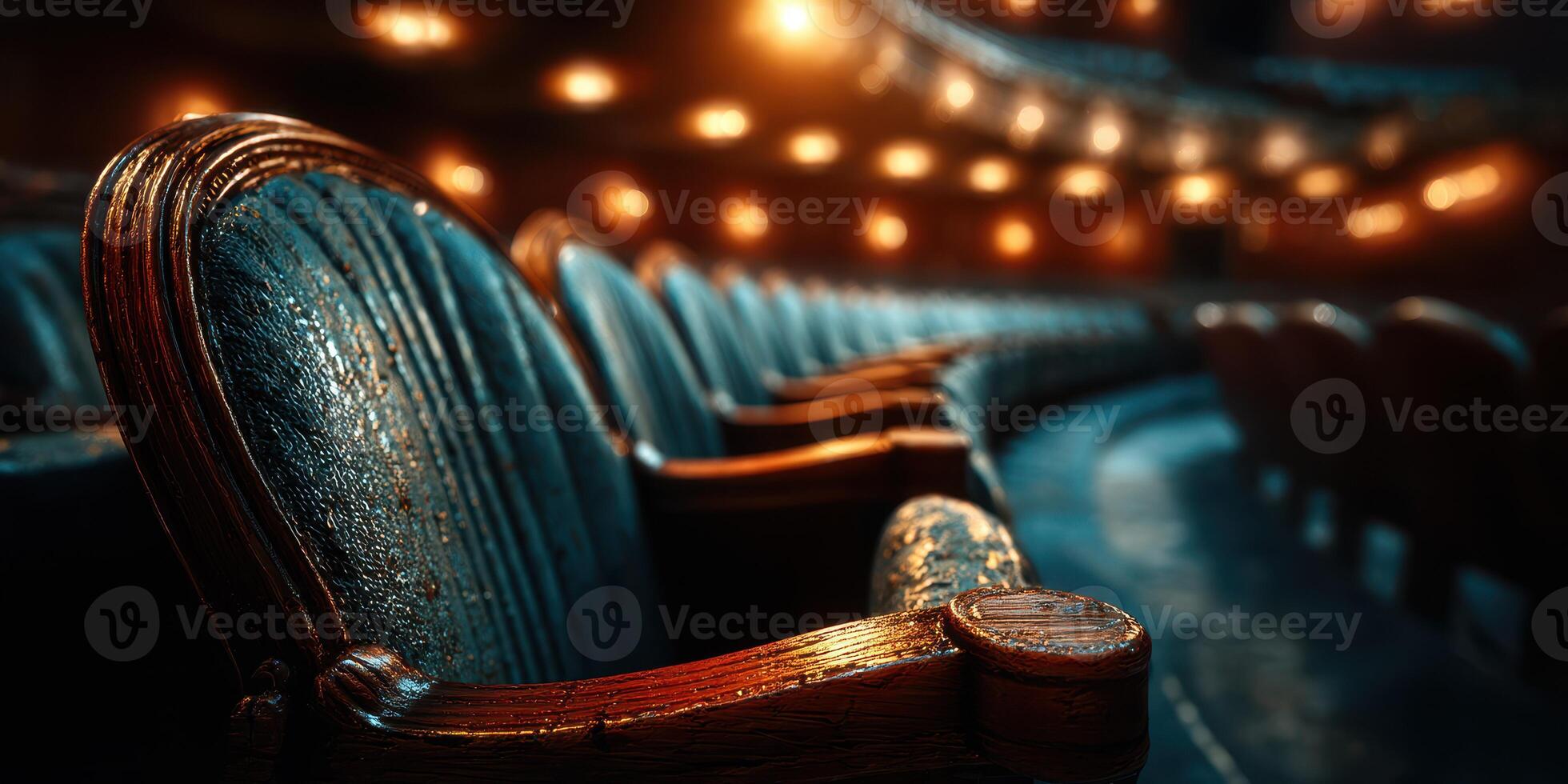 Wooden theater seats await audience in a softly lit performance hall during an evening event photo