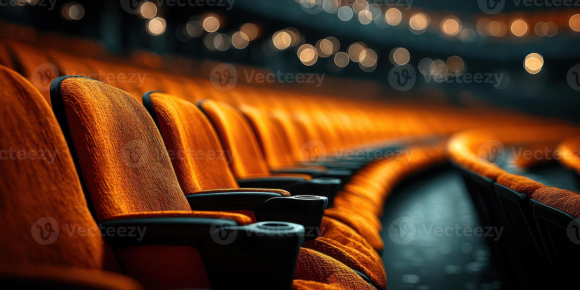 Empty theater seats create a warm and inviting atmosphere in the evening performance space photo