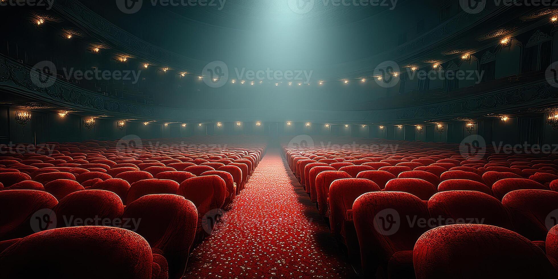 Empty theater with red velvet chairs and dim spotlight highlighting the stage during a quiet evening performance photo