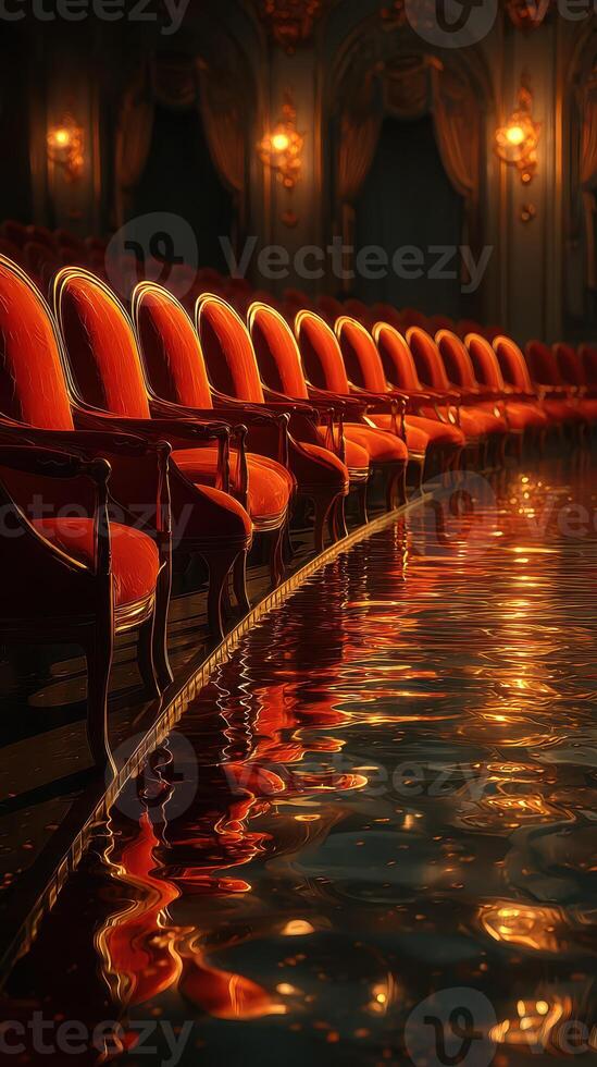 Elegant red chairs illuminate in a reflective hall filled with water during a quiet evening photo