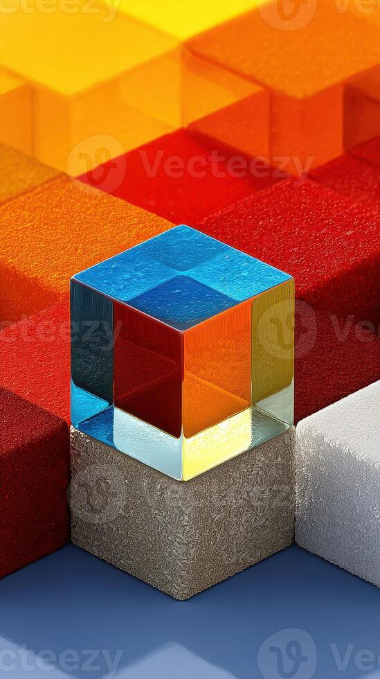 Colorful geometric shapes form an abstract arrangement with a focus on a transparent cube in a vibrant composition photo