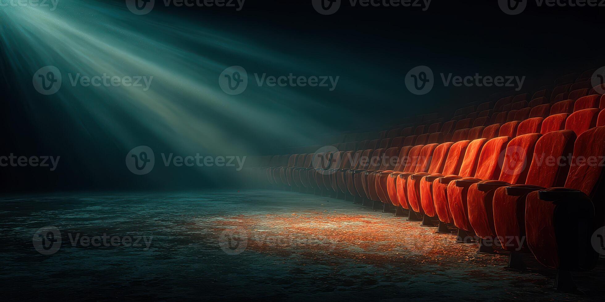 Empty theater seats illuminated by soft light create a serene atmosphere before the show begins in the evening photo