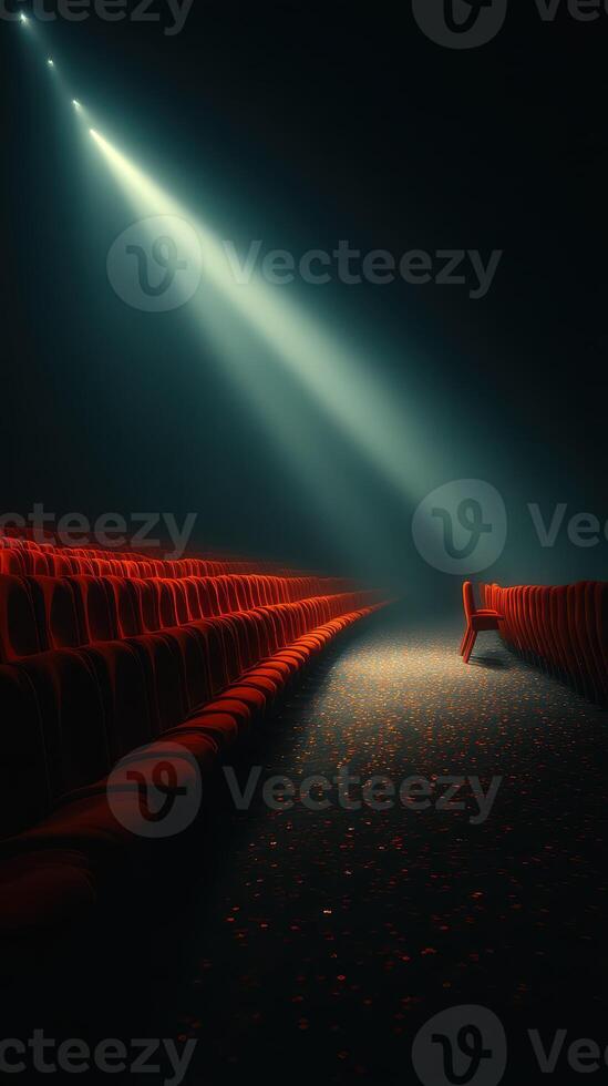 Cinematic atmosphere in a dimly lit theater with glowing red seats and beams of light cutting through the darkness photo