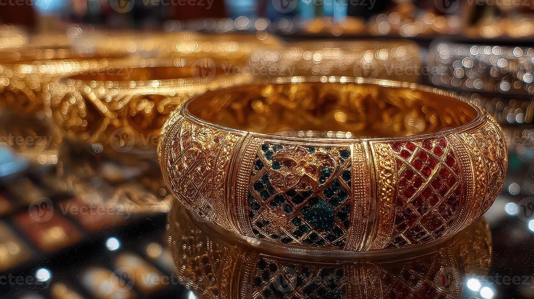 Intricate gold bangles displayed at an artisan market showcasing exceptional craftsmanship and vibrant gemstones in the late afternoon light photo