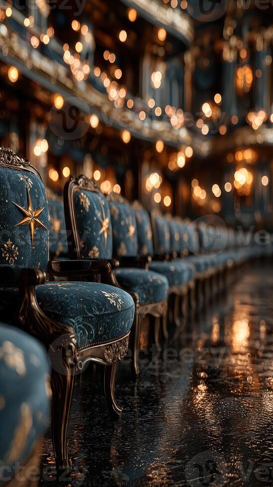 Elegant blue chairs line the aisle of a historic theater illuminated by warm lighting during an evening performance photo