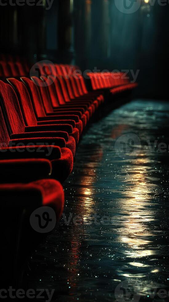 Rows of red velvet seats reflect light in an empty theater during the evening hours photo