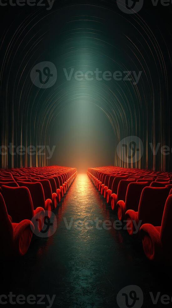 Empty theater with red seating illuminated by warm light in the distance during evening hours photo