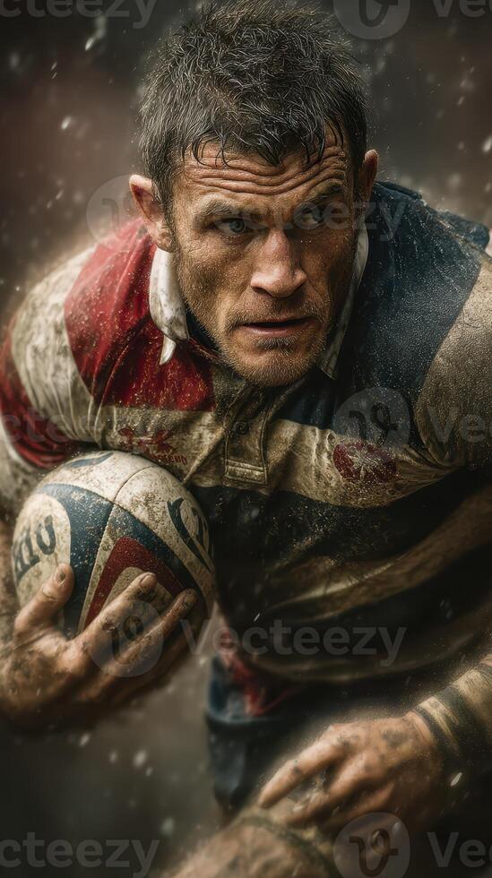 Rugby player navigating a muddy field while preparing for a crucial play during an intense match photo