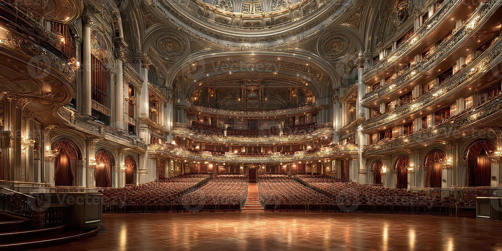 Elegant interior of a grand theater showcasing ornate architecture and a vast seating arrangement before a performance photo
