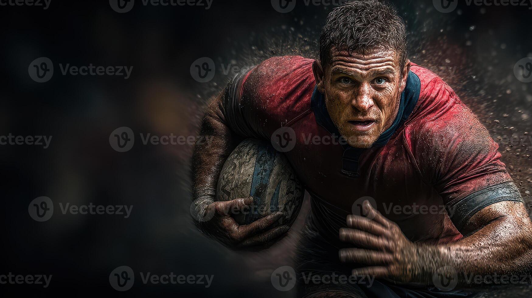 Rugby player in action during match, showcasing intensity and determination on muddy field photo