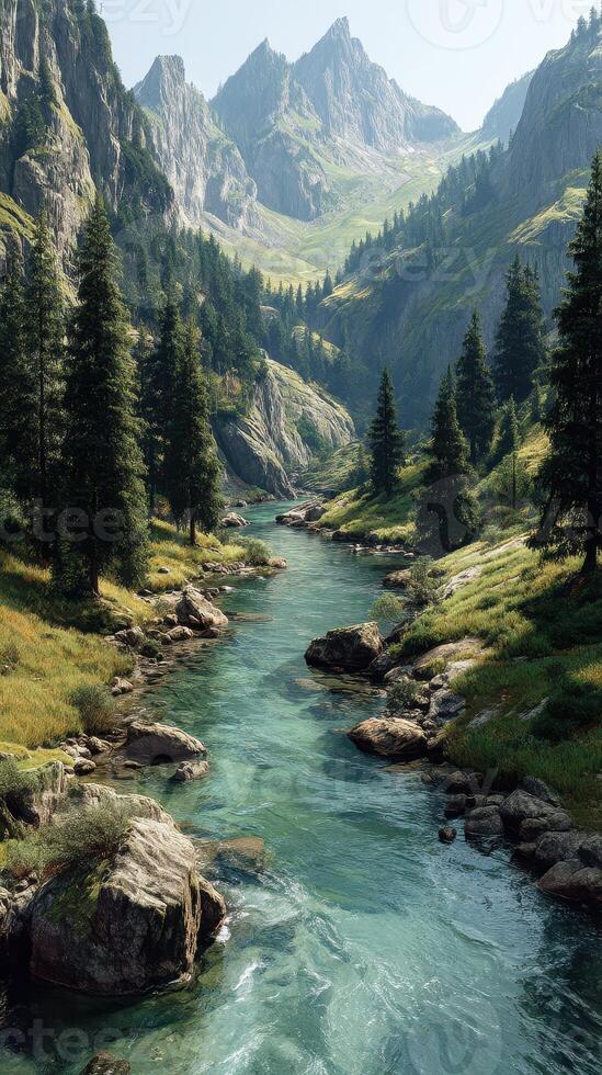 Tranquil river flows through lush greenery in a serene
